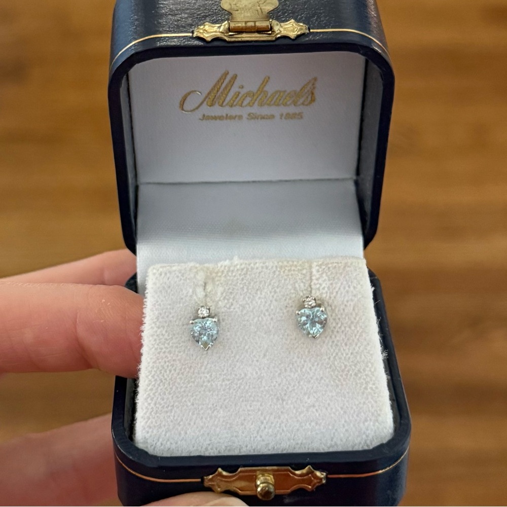 Michaels Jewelers 14K White Gold Genuine Aquamarine & Diamond Heart Earrings